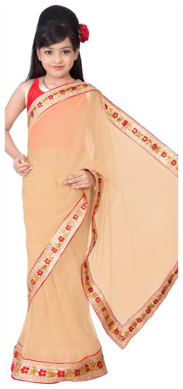 

BINORI Girl s Georgette Embellished Sleeveless Saree - Beige