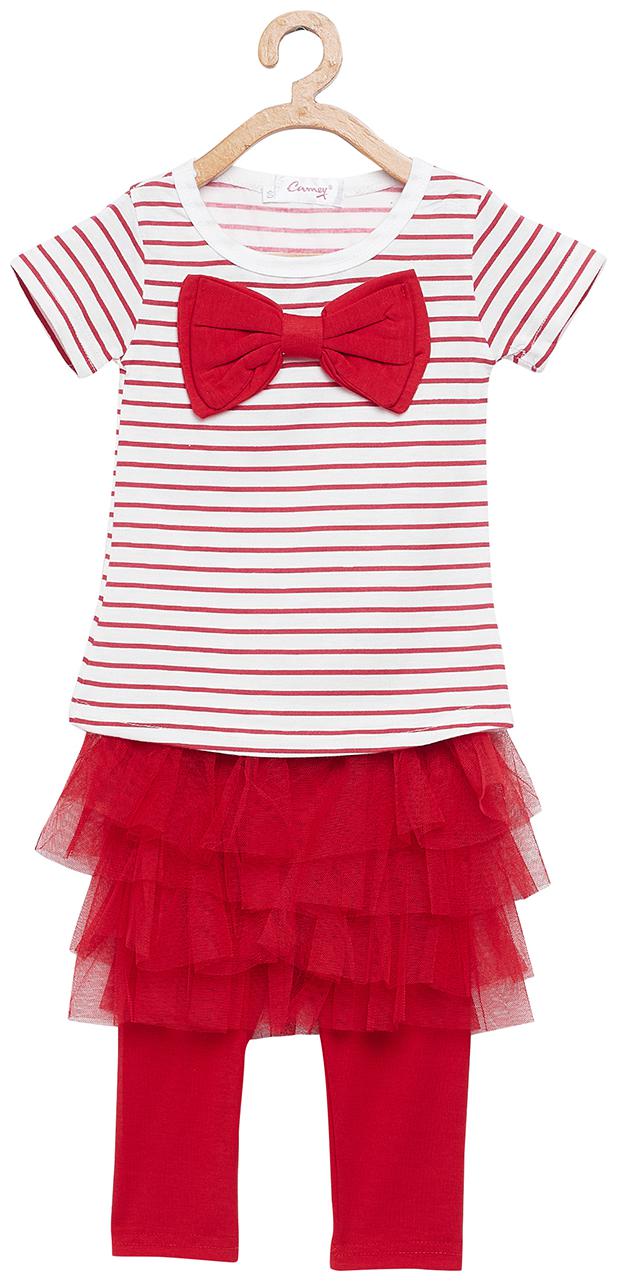 

Camey Girl Cotton Top Bottom Set - Red White
