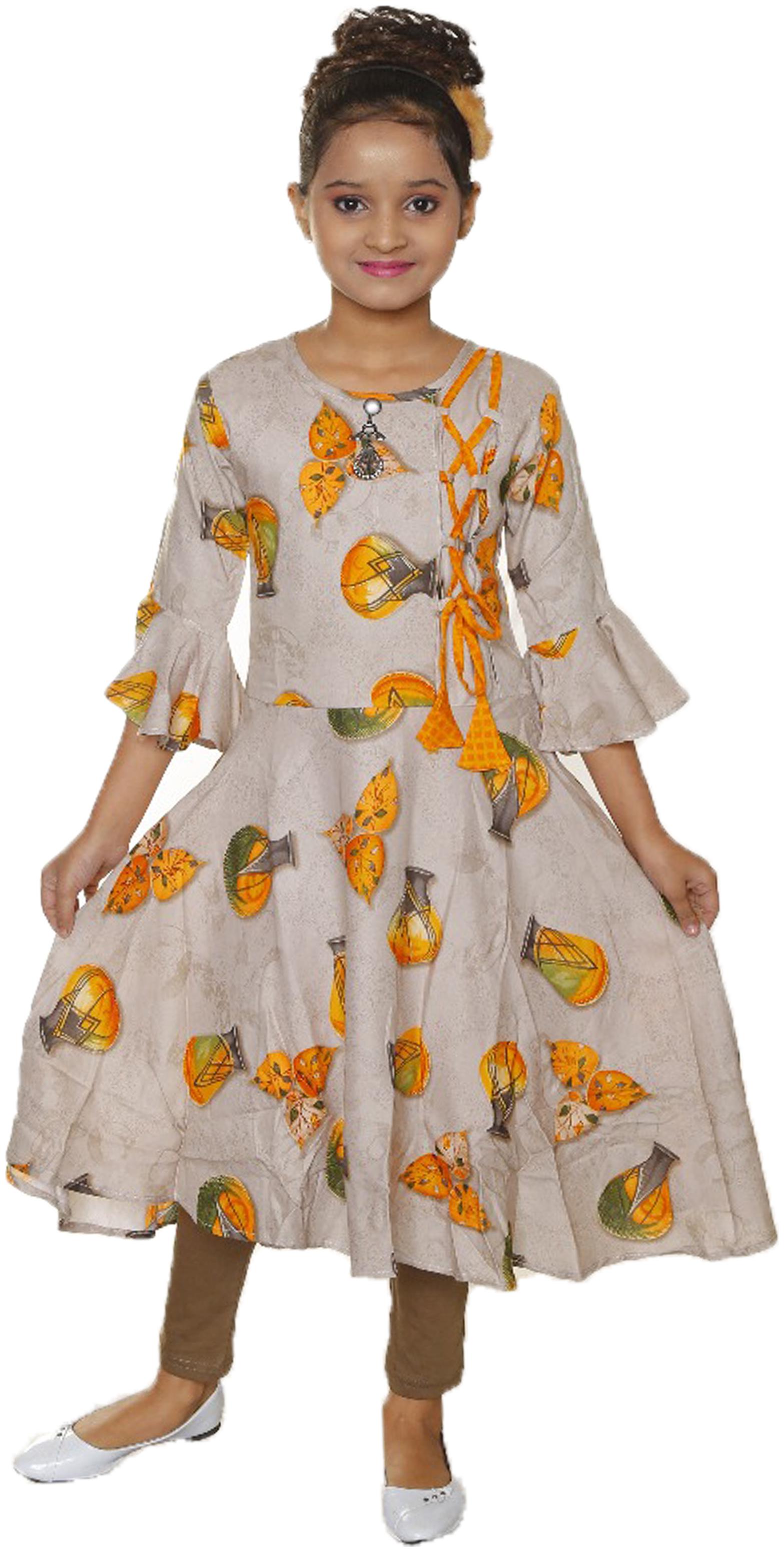 

Catcub Girl s Poly cotton Floral 3 4th sleeves Kurti salwar set - Yellow Grey