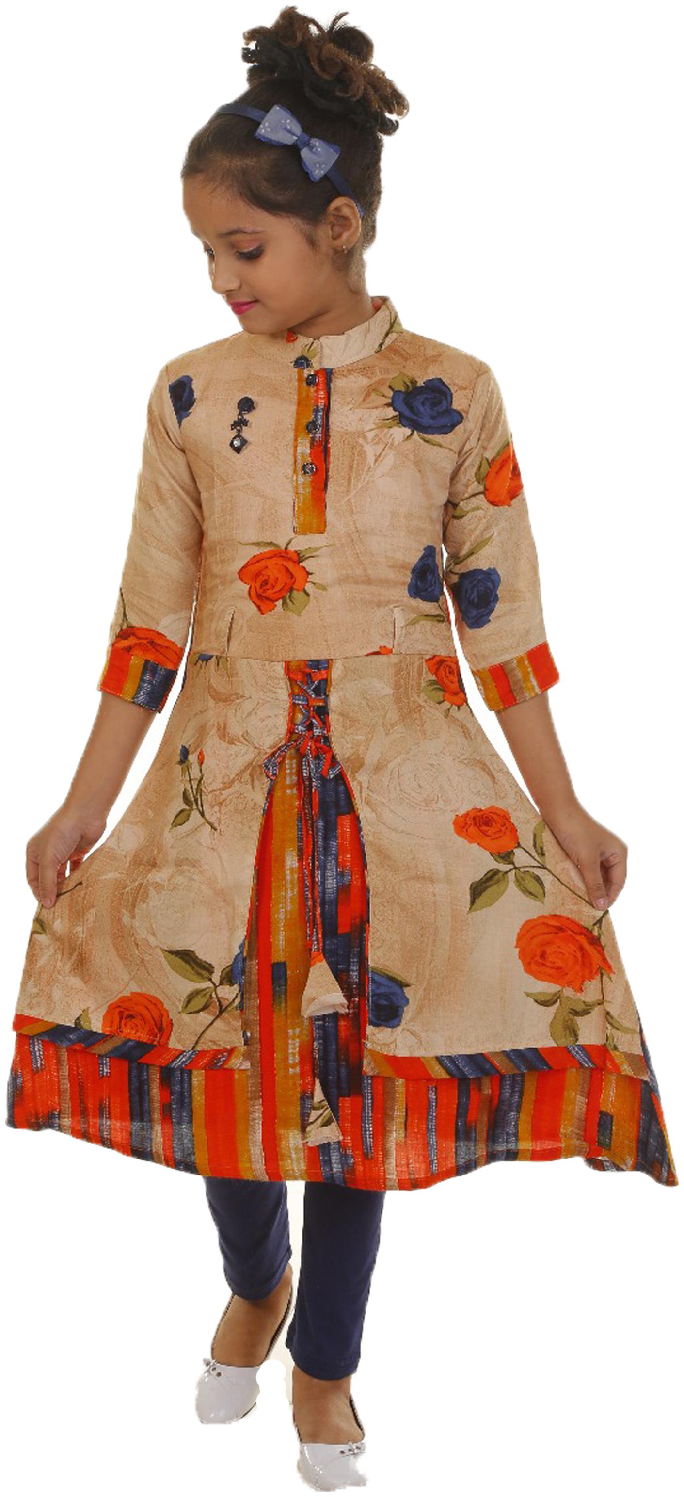 

Catcub Girl s Poly cotton Floral 3 4th sleeves Kurti salwar set - Blue Orange