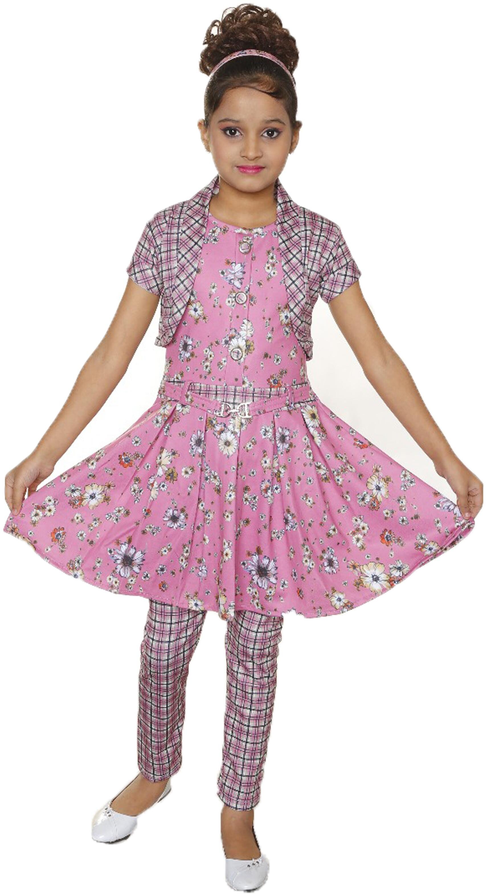

Catcub Girl s Poly cotton Floral Short sleeves Kurti salwar set - Pink