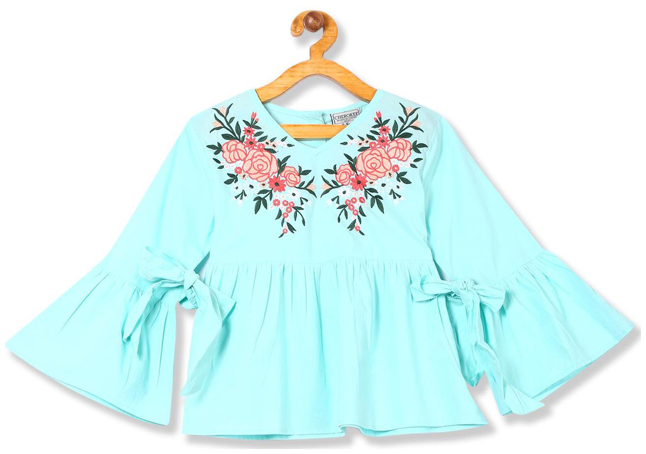 

CHEROKEE Girl Cotton Self design Top - Green