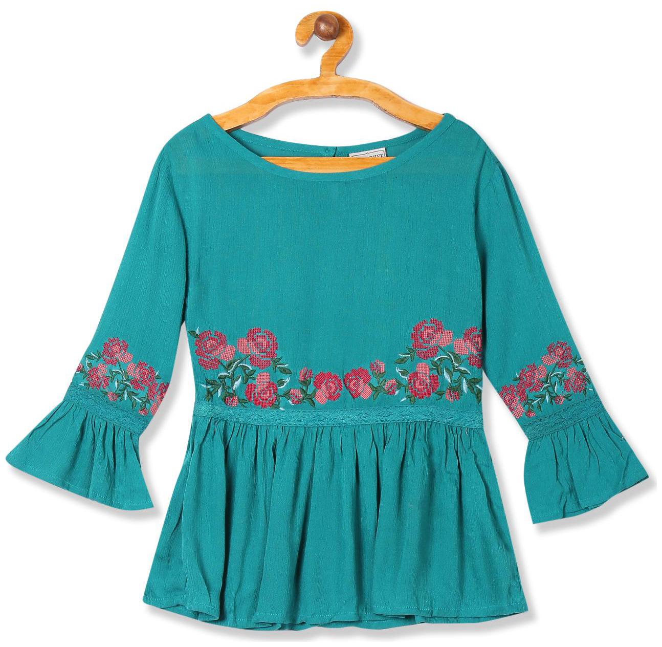 

CHEROKEE Girl Rayon Self design Top - Green