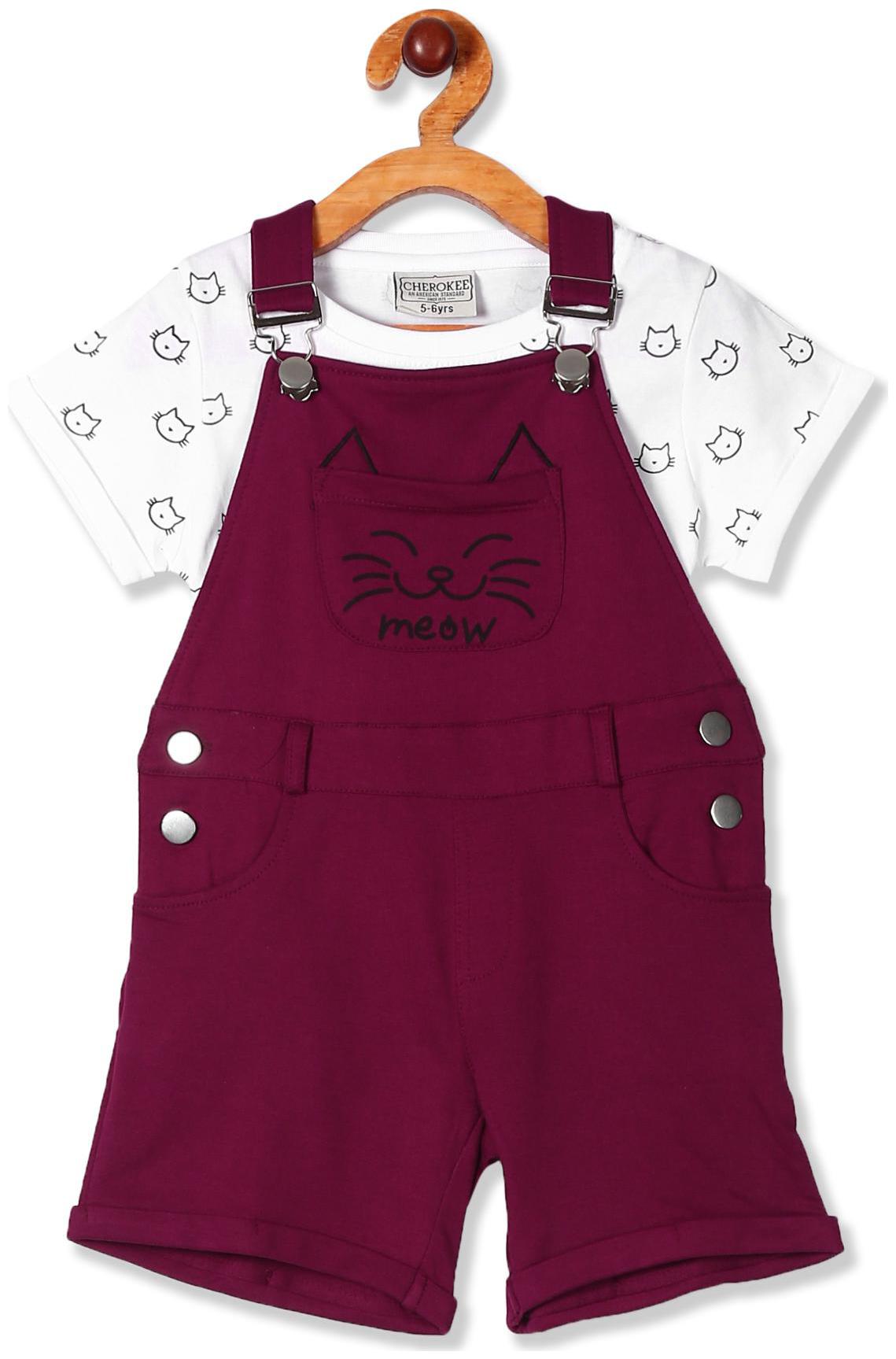 

Cherokee maroon white Girls Dungarees With Printed T-Shirt (Maroon White)