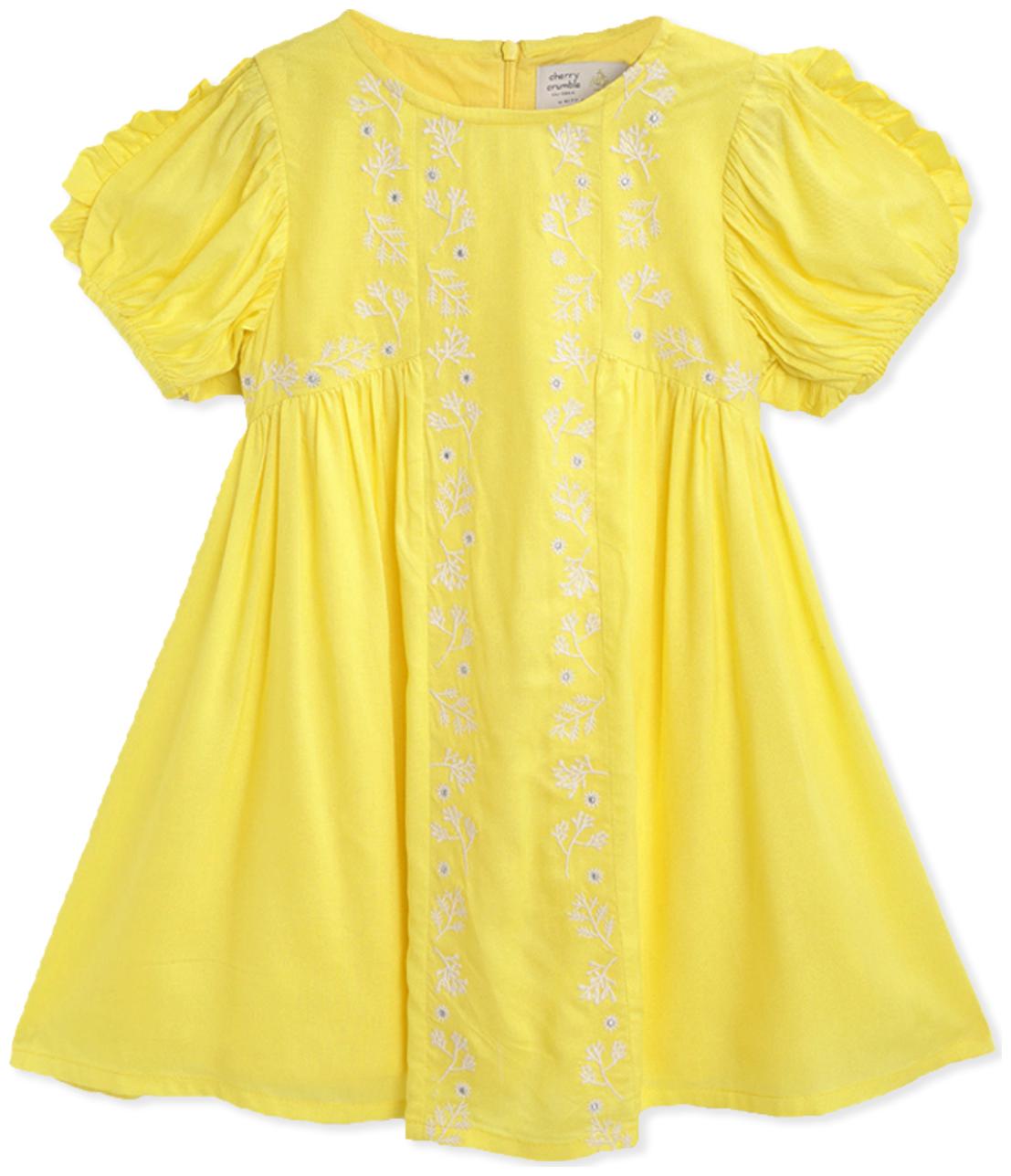 

Cherry Crumble By Nitt Hyman Baby girl Cotton Self design Princess frock - Yellow