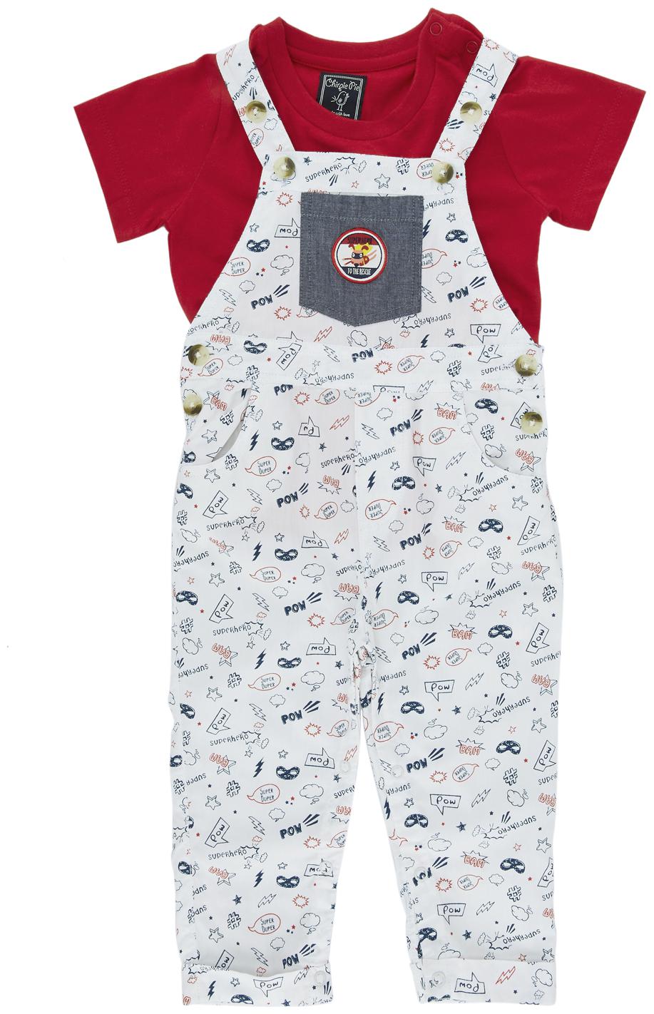 

Chirpie Pie by Pantaloons Cotton Baby Boys Dungaree Top White Red Color