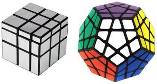 Combo of Gold Mirror & Megaminx Cube Puzzle Brainstorming Game Toy With Black Base & Neon Color
