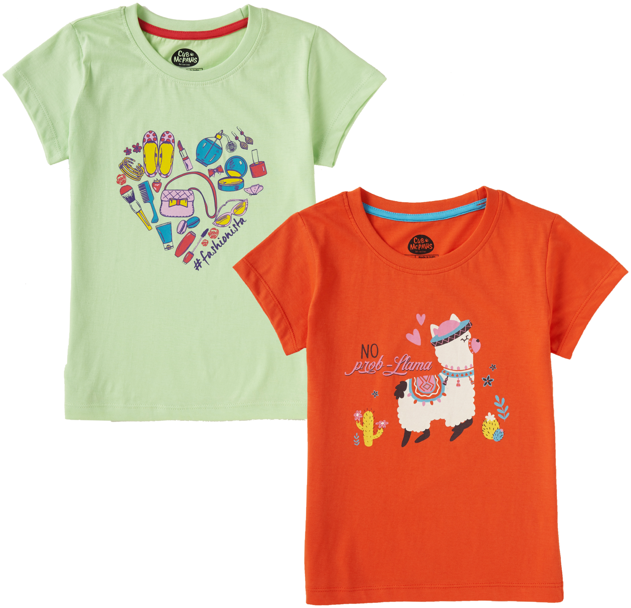 

CuB McPAWS Girl Cotton Printed T shirt - Green Orange