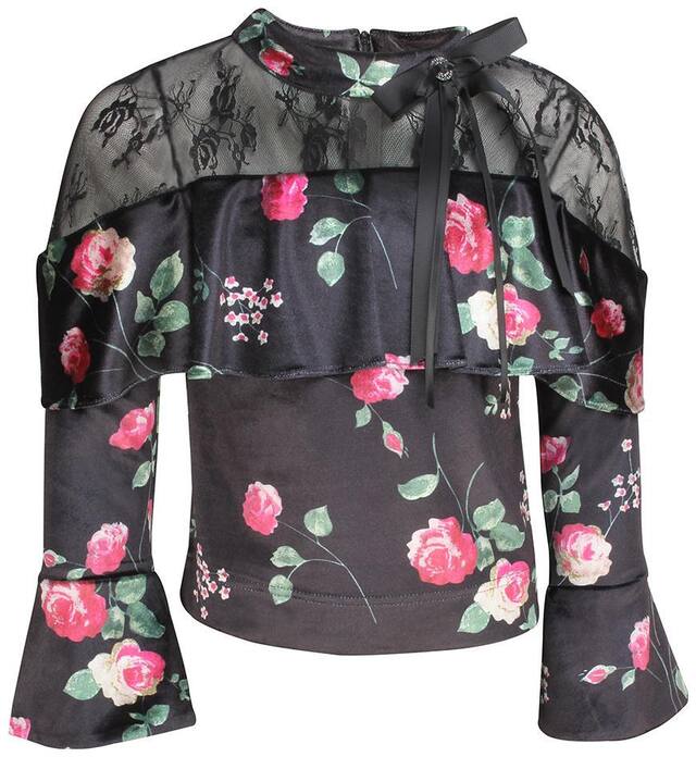 Cutecumber Girl Polyester Floral Top - Black