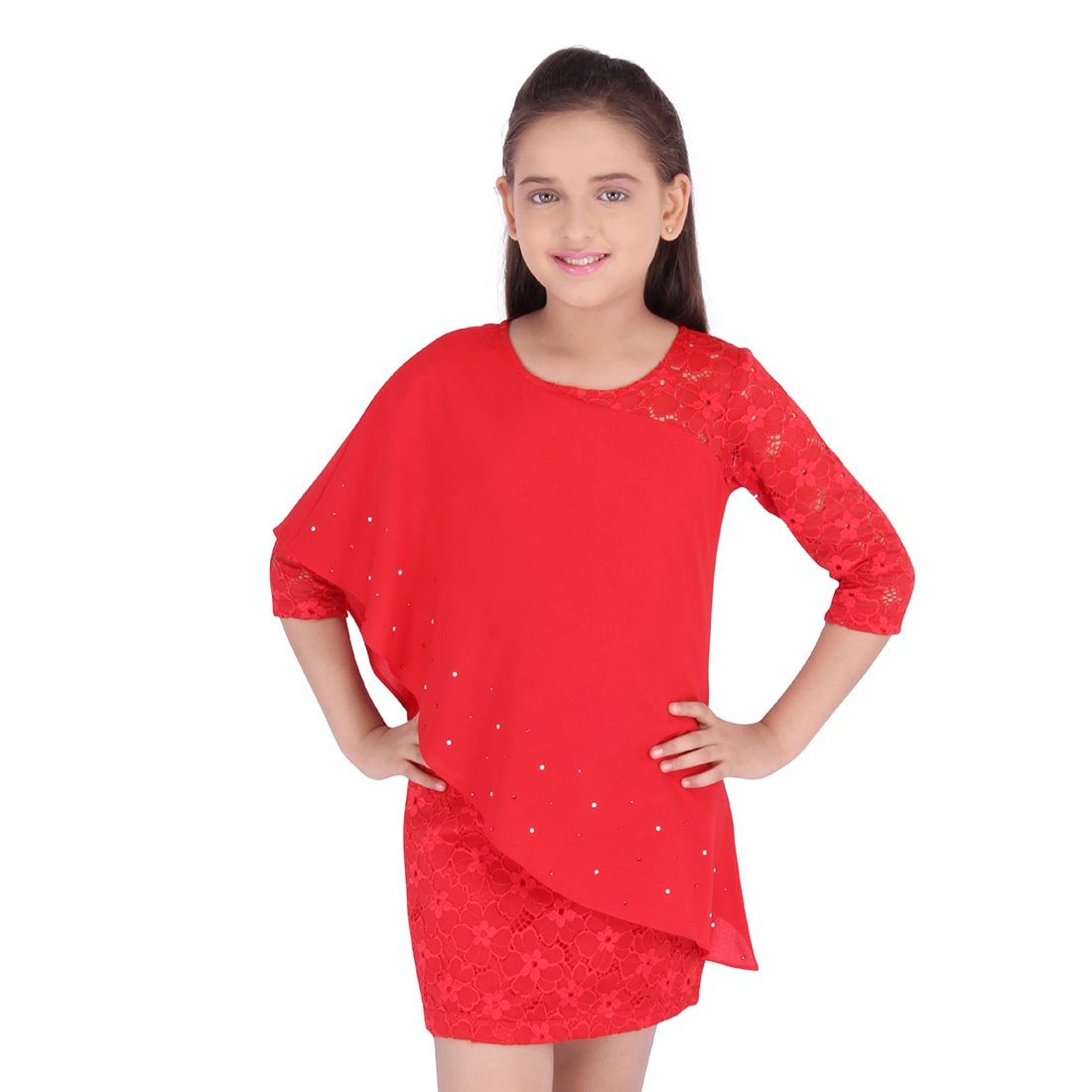 

Cutecumber Red Georgette 3 4th Sleeves Knee Length Princess Frock ( Pack of 1 )