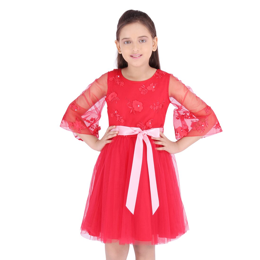 

Cutecumber Red Net 3 4th Sleeves Knee Length Princess Frock ( Pack of 1 )