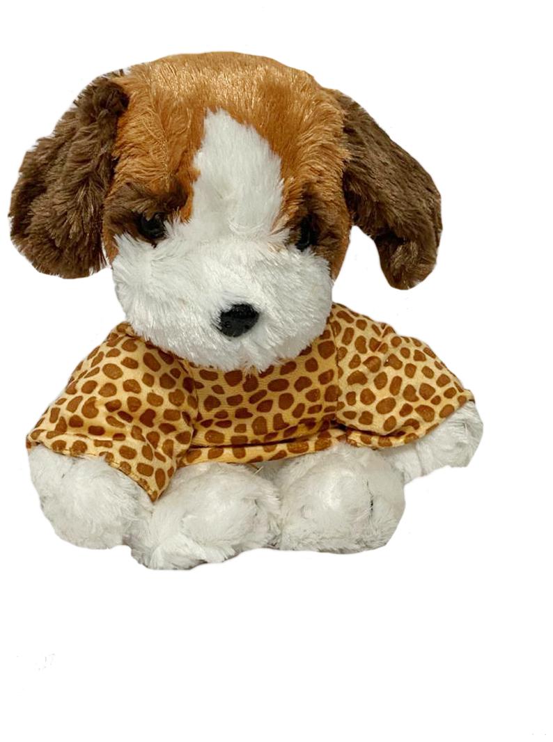 

DANR Brown Color Sitting Soft Dog Toy with Leopard Print Jacket on (Size - 24 cm)
