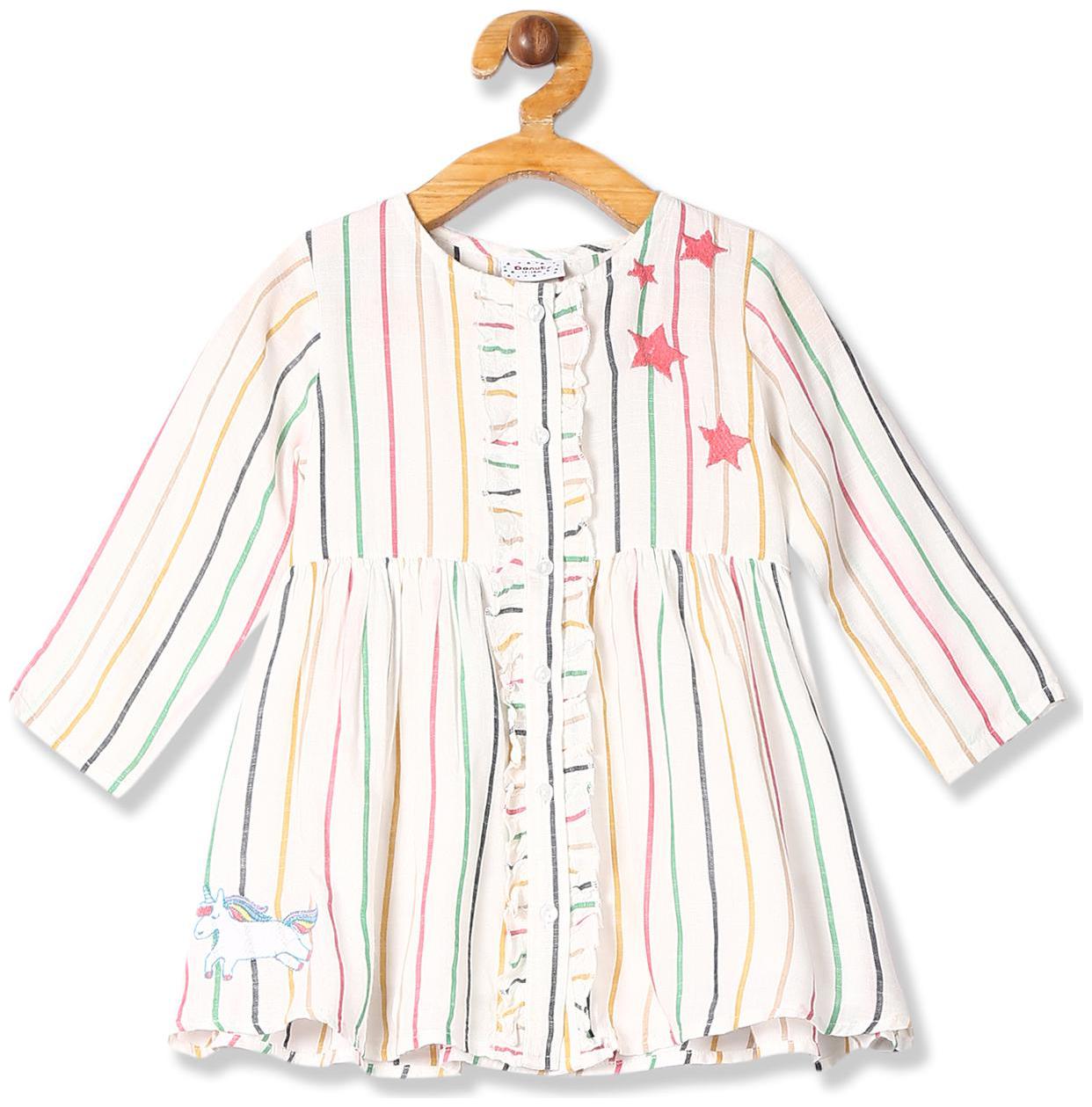 

Donuts Baby girl Rayon Striped Princess frock - White