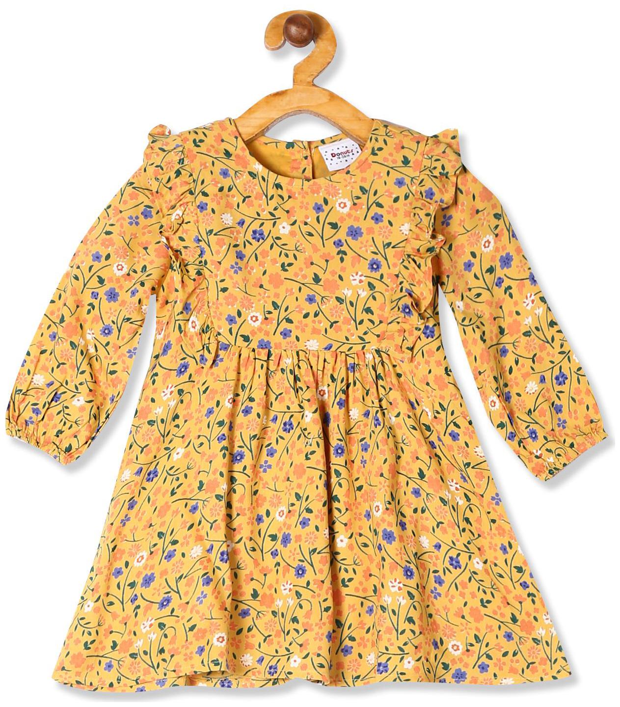 

Donuts Baby girl Rayon Printed Princess frock - Yellow