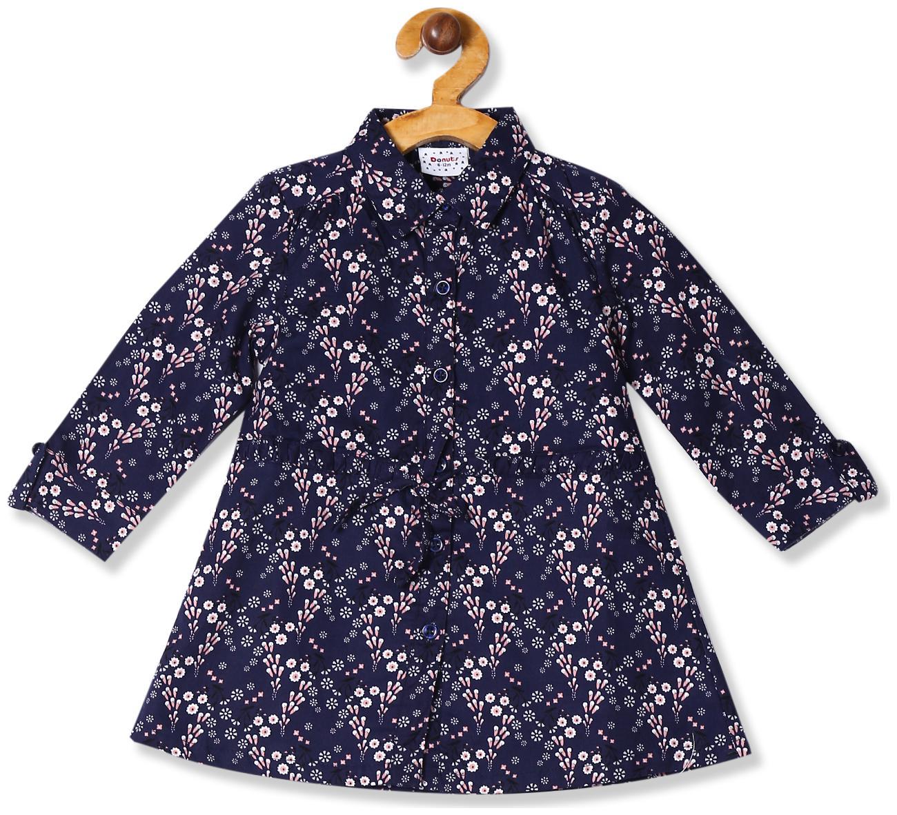 

Donuts Baby girl Cotton Printed Collar frock - Blue