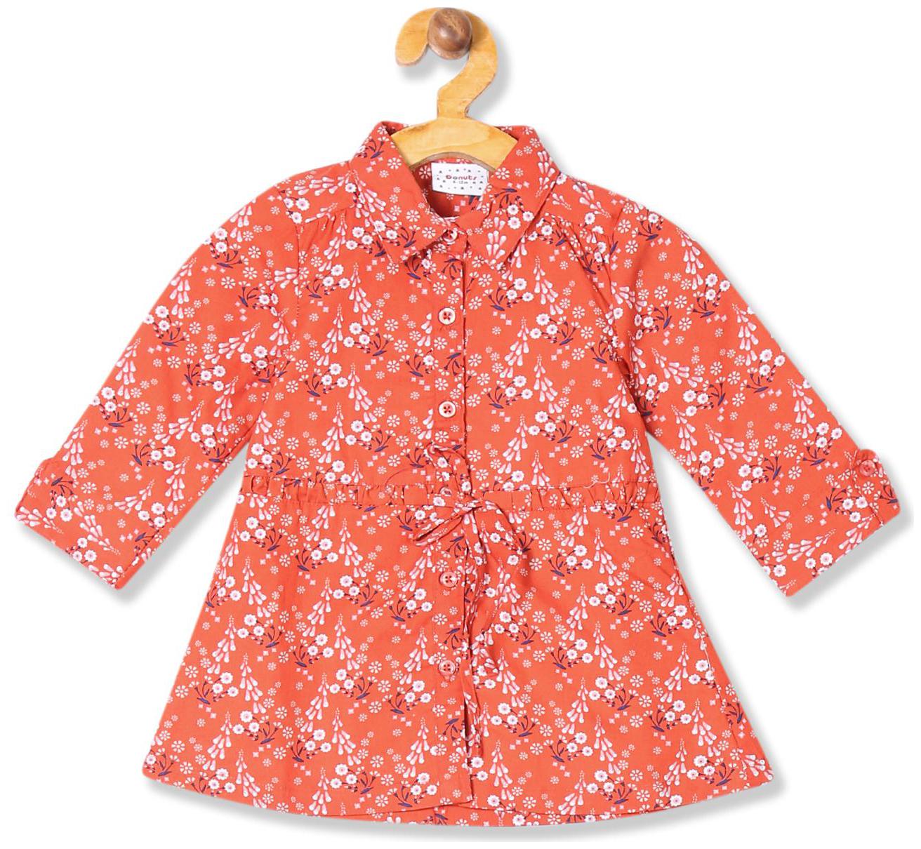 

Donuts Baby girl Cotton Printed Collar frock - Orange