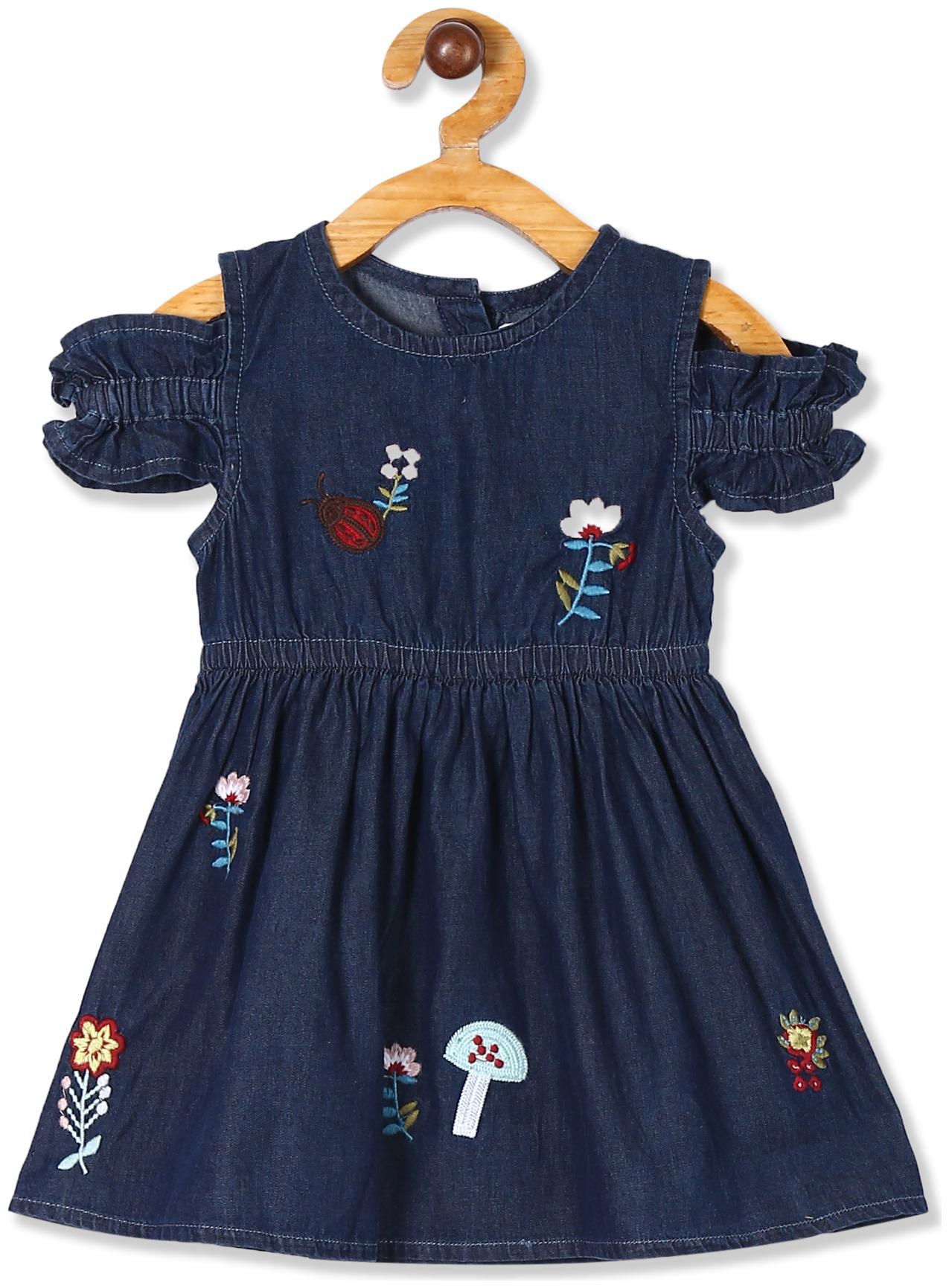 

Donuts Baby girl Cotton Self design Off shoulder frock - Blue