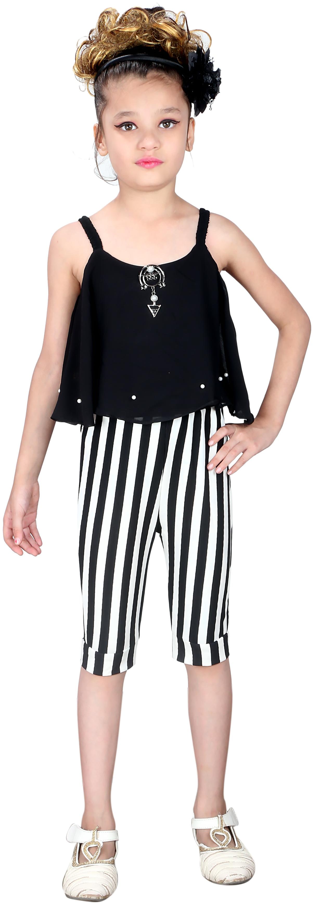 

Elendra jeans Girl Crepe Top Bottom Set - Black White
