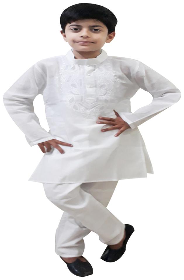 

Fanzi Boy Cotton Solid Kurta pyjama set - White