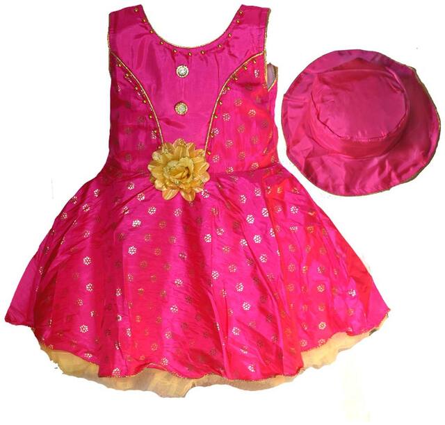 Faynci Girls Pink Knee Length Party Dress with Matching CAP