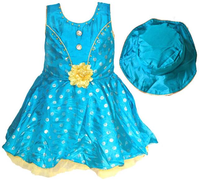 Faynci Girls Sky Blue Knee Length Party Dress with Matching CAP