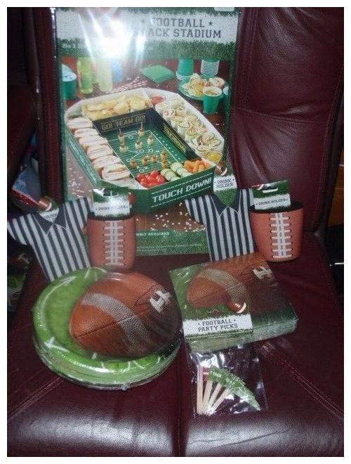 

Football Snack Stadium-LOT W PLATES NAPKINS CUP HOLDERS PARTY PICKS