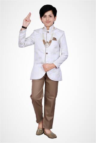 Fourfolds 2 Piece Jodhpuri Bandhgala Blazer and Trouser Set for Boys (Cream & Brown)