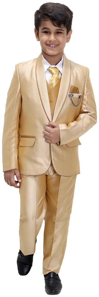 Fourfolds 5 Piece Coat Suit with Shirt Pant Blazer Waistcoat & Tie for Kids & Boys(FS133;Gold;10)