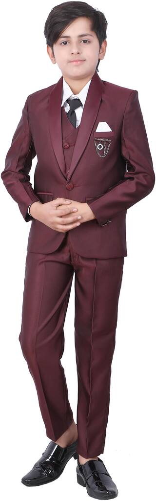 Fourfolds 5 Piece Coat Suit with Shirt Pant Blazer Waistcoat & Tie for Kids & Boys(FS123;Wine;14)