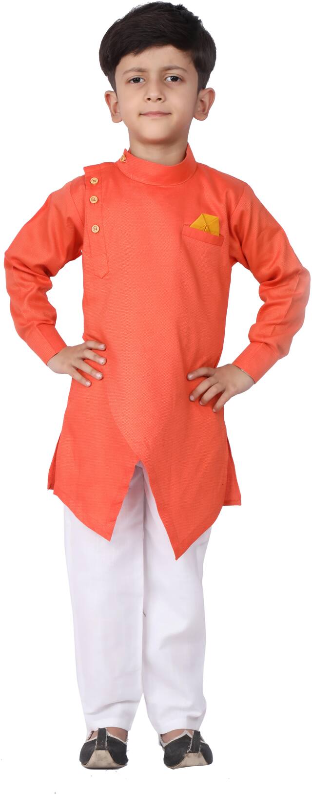 FOURFOLDS Boy Cotton blend Solid Kurta pyjama set - Orange & White