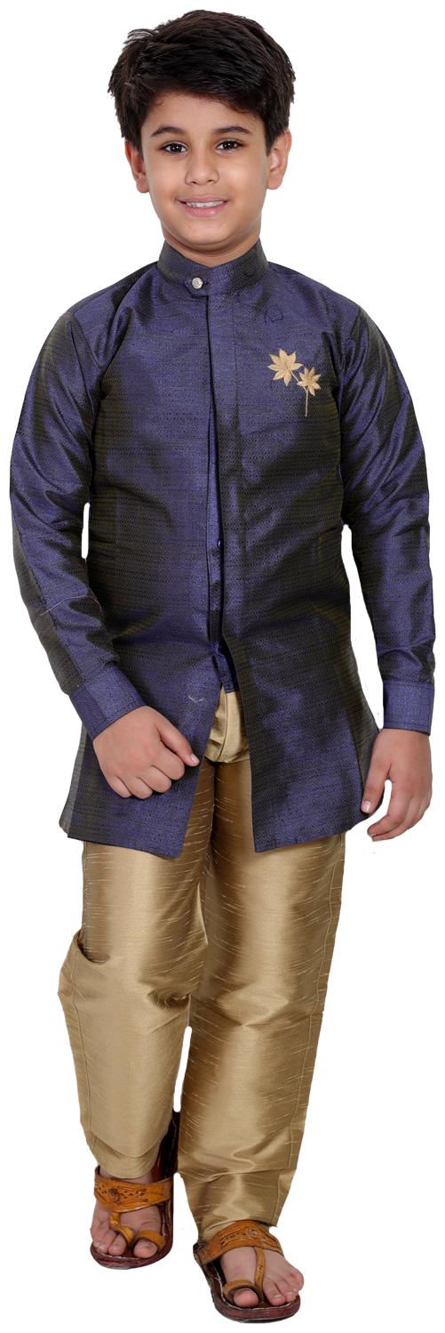

FOURFOLDS Boy Cotton blend Self design Kurta pyjama set - Blue Gold
