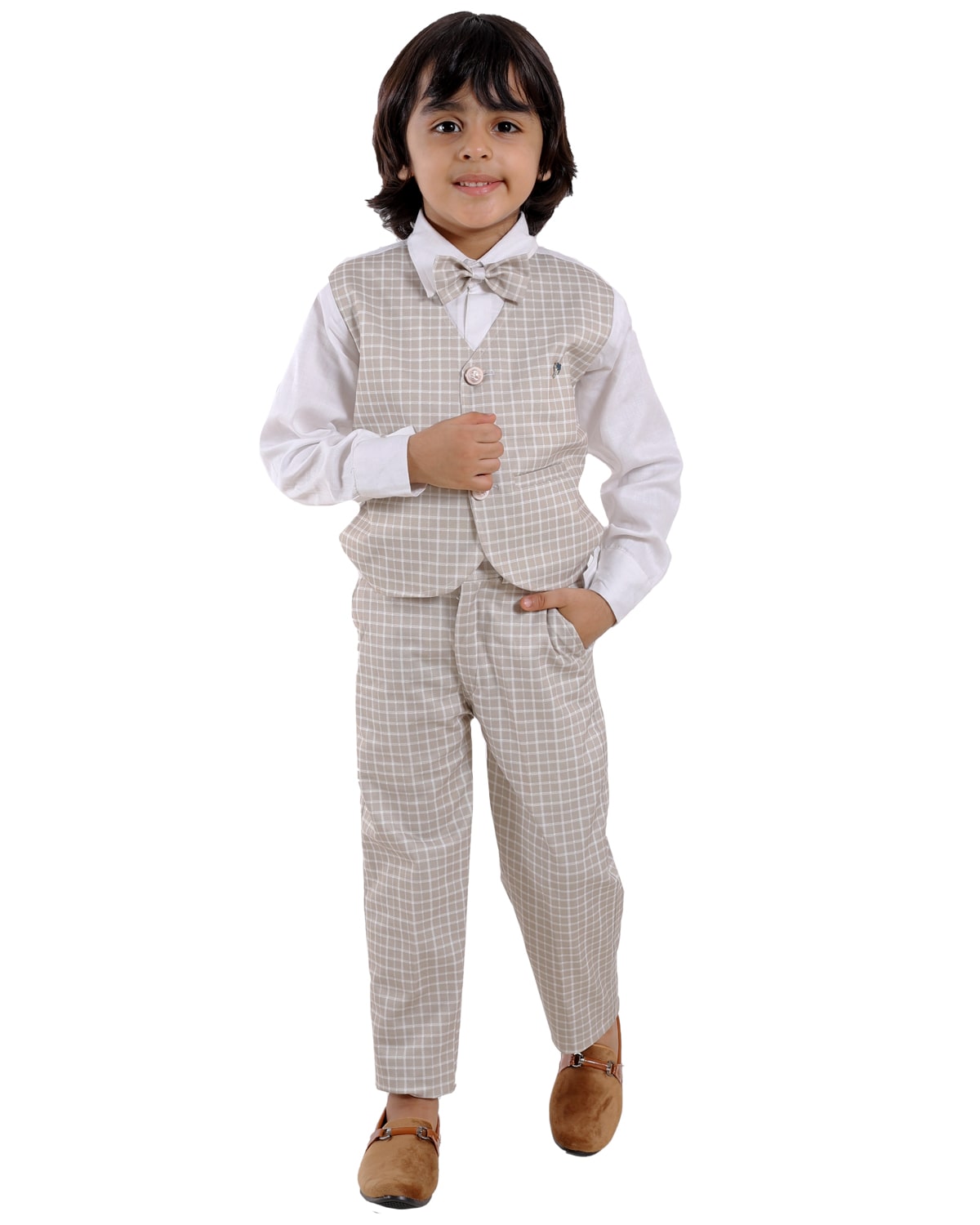

FOURFOLDS Cotton blend Checked Top Bottom Set - Beige