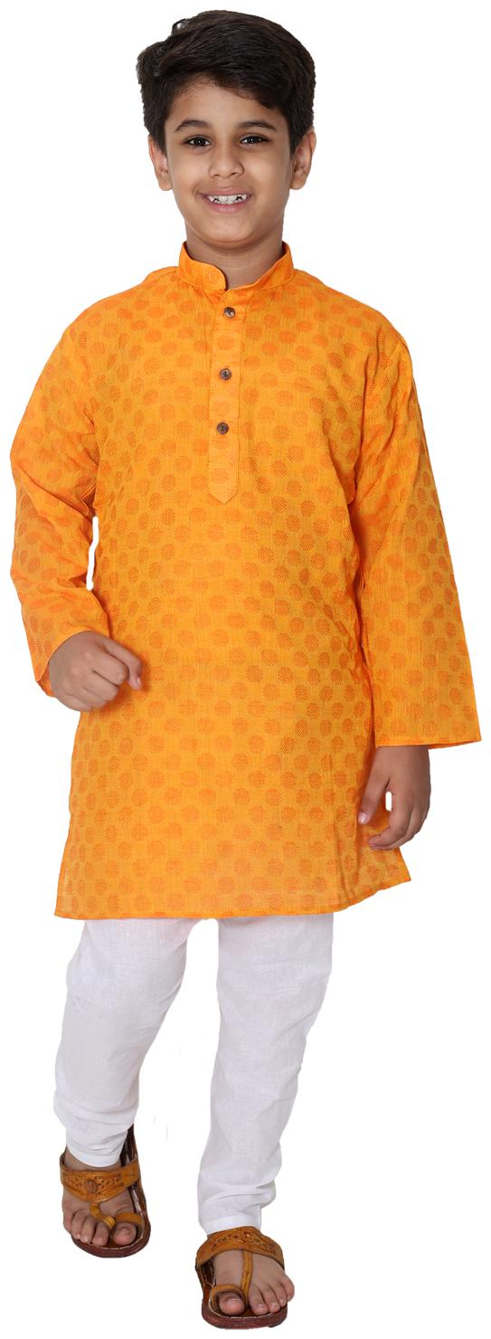 

FOURFOLDS Boy Cotton Self design Kurta pyjama set - Orange White