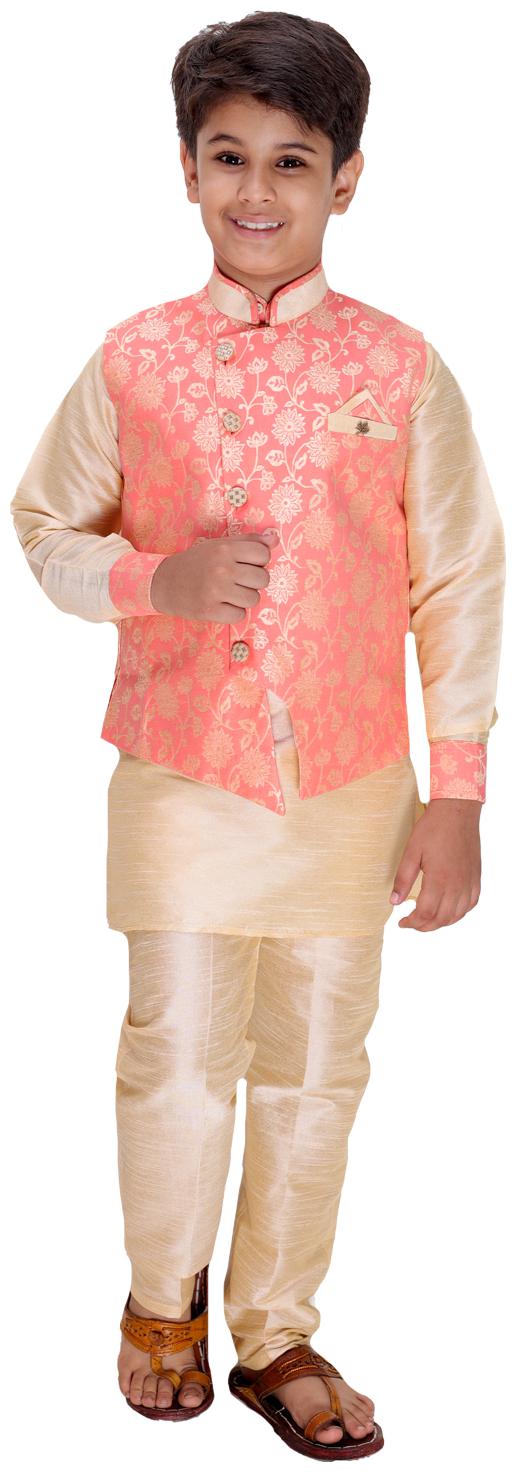 

FOURFOLDS Boy Cotton blend Self design Kurta pyjama set - Pink Beige