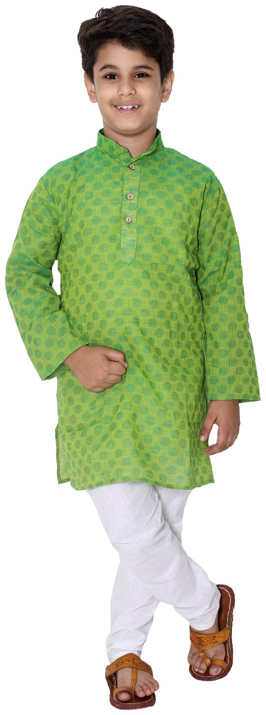 

FOURFOLDS Boy Cotton Self design Kurta pyjama set - Green White