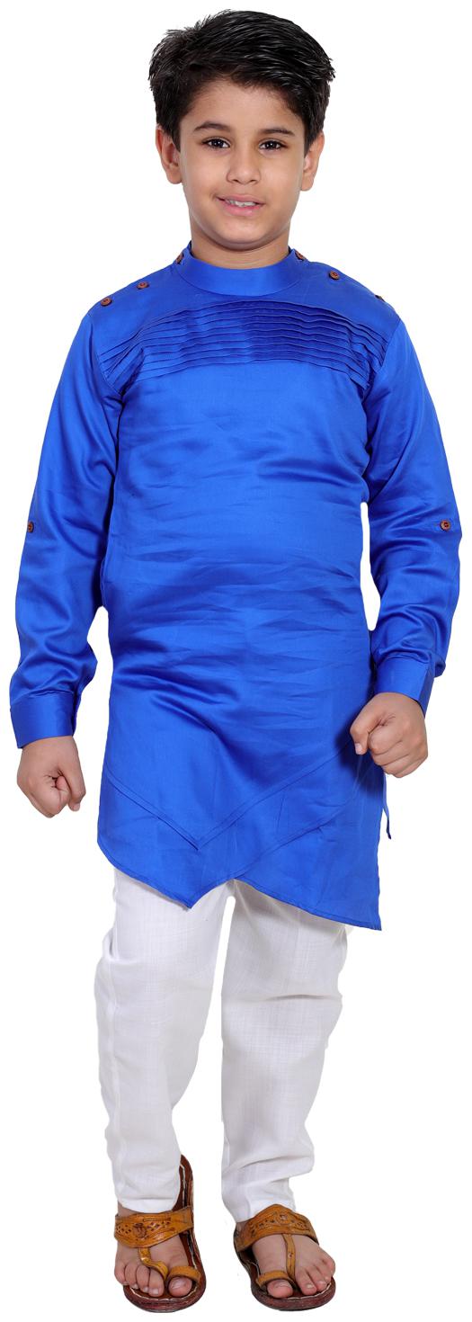 

FOURFOLDS Boy Cotton blend Solid Kurta pyjama set - Blue White