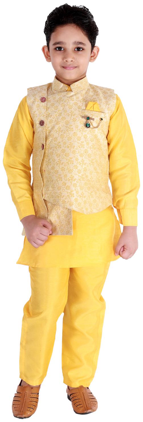 

FOURFOLDS Boy Cotton blend Self design Kurta pyjama set - Yellow