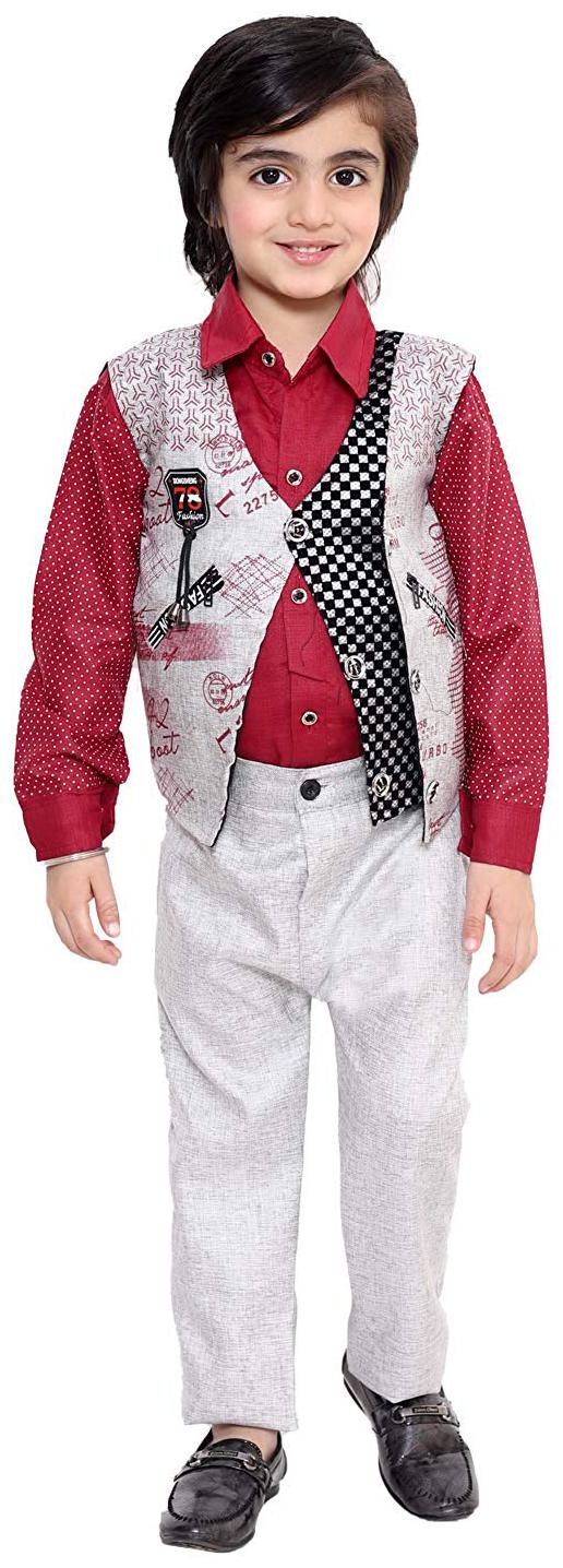 

Fourfolds Ethnic Wear 3 Piece Suit Set with Shirt Trousers and Waistcoat for Kids and BoysMaroon Silver