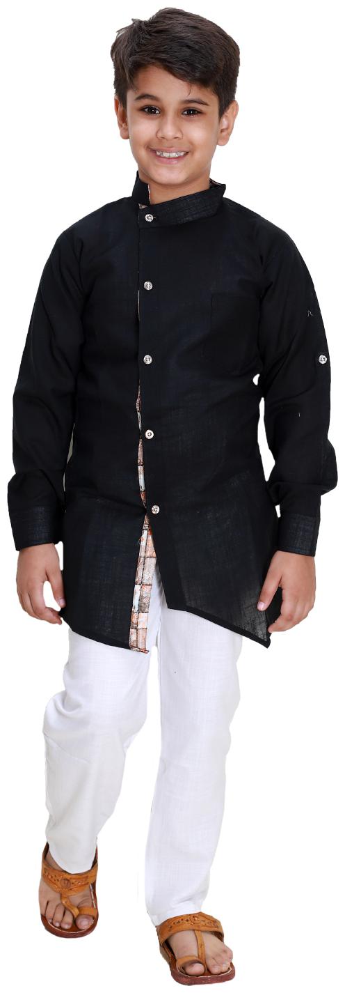 

FOURFOLDS Boy Cotton blend Solid Kurta pyjama set - Black White
