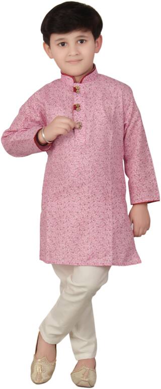 FOURFOLDS Boy Cotton Printed Kurta pyjama set - Pink & White