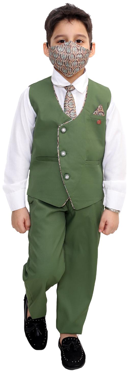 

Fourfolds Ethnic Wear 5 Piece Suit Set with Tie Shirt Trousers and Waistcoat for Kids and Boys Green White