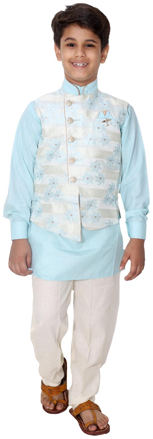 

FOURFOLDS Boy Cotton blend Self design Kurta pyjama set - Blue White