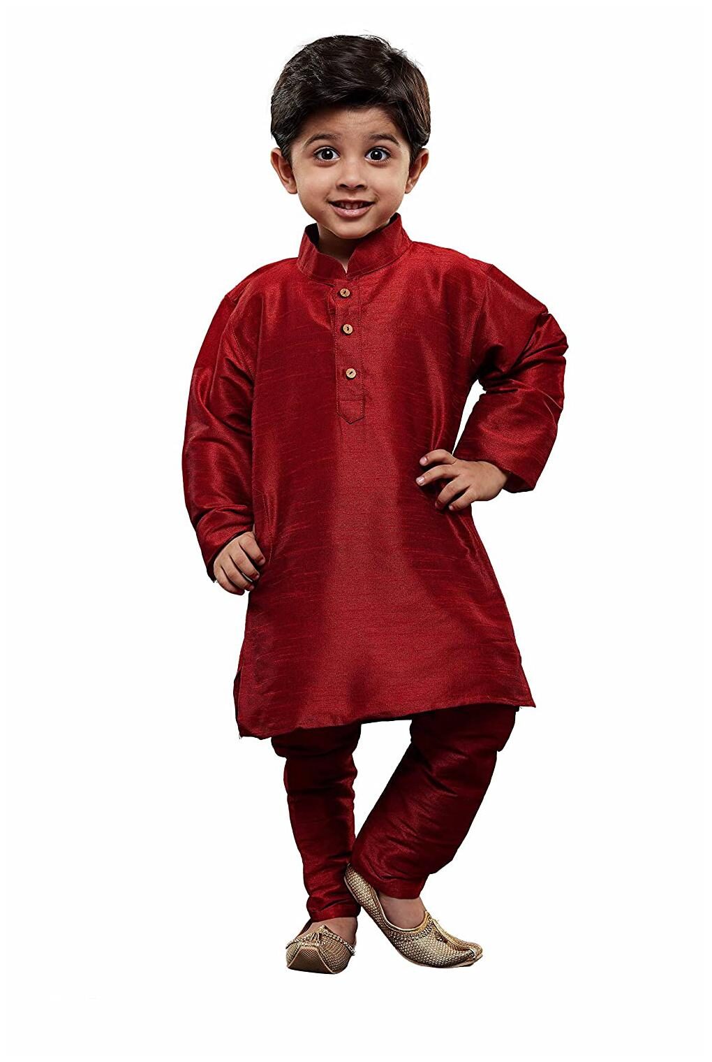 

FOURFOLDS Boy Cotton blend Solid Kurta pyjama set - Maroon