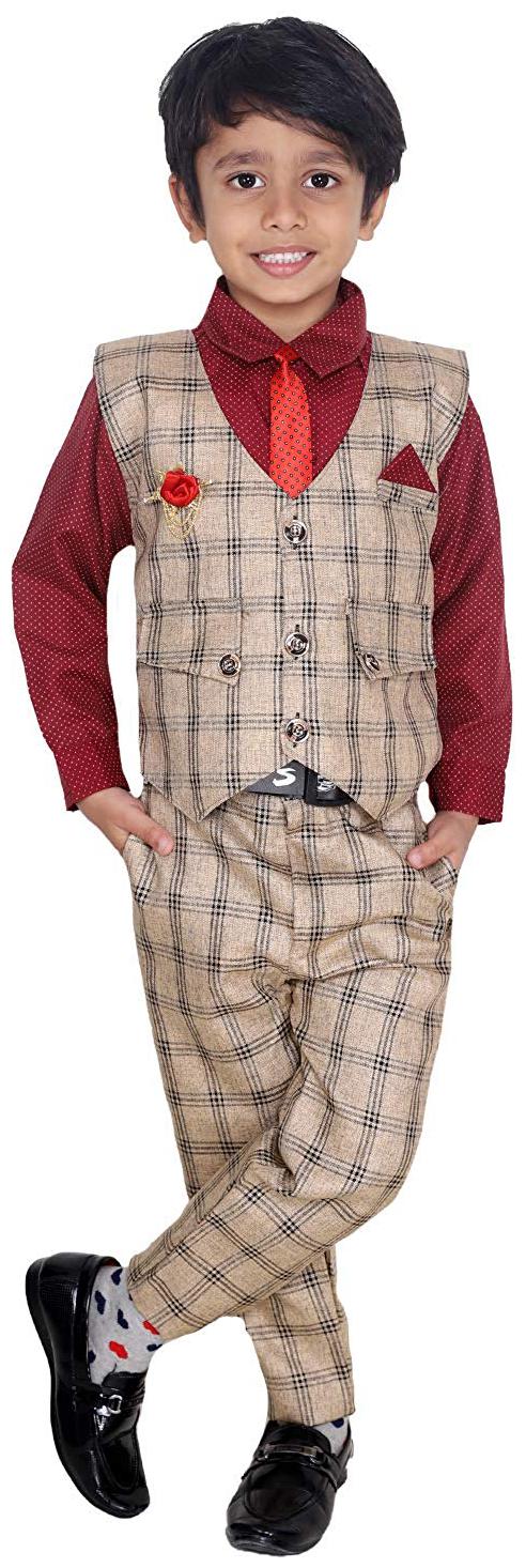 

Fourfolds Ethnic Wear 4 Piece Suit Set with Shirt Trousers Tie and Denim Waistcoat for Kids and Boys Maroon Beige