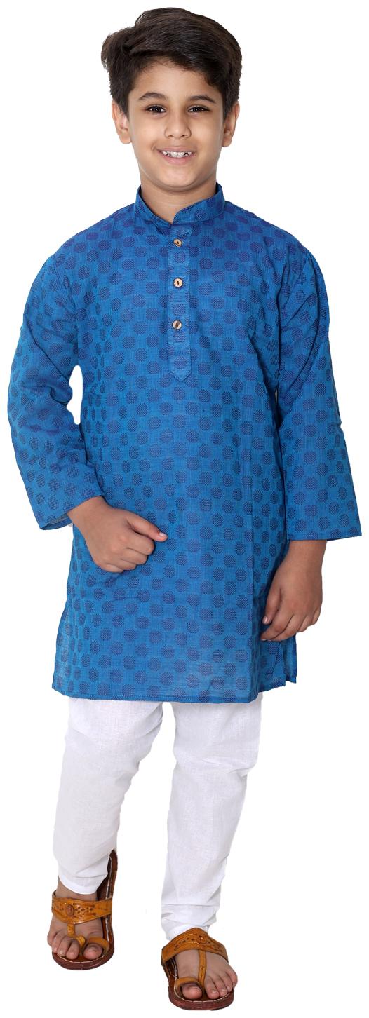 

FOURFOLDS Boy Cotton Self design Kurta pyjama set - Blue White