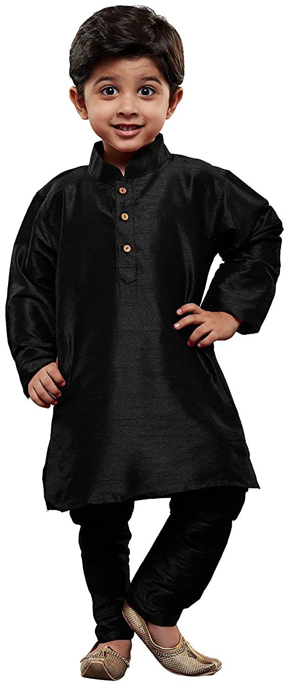 

FOURFOLDS Boy Cotton blend Solid Kurta pyjama set - Black