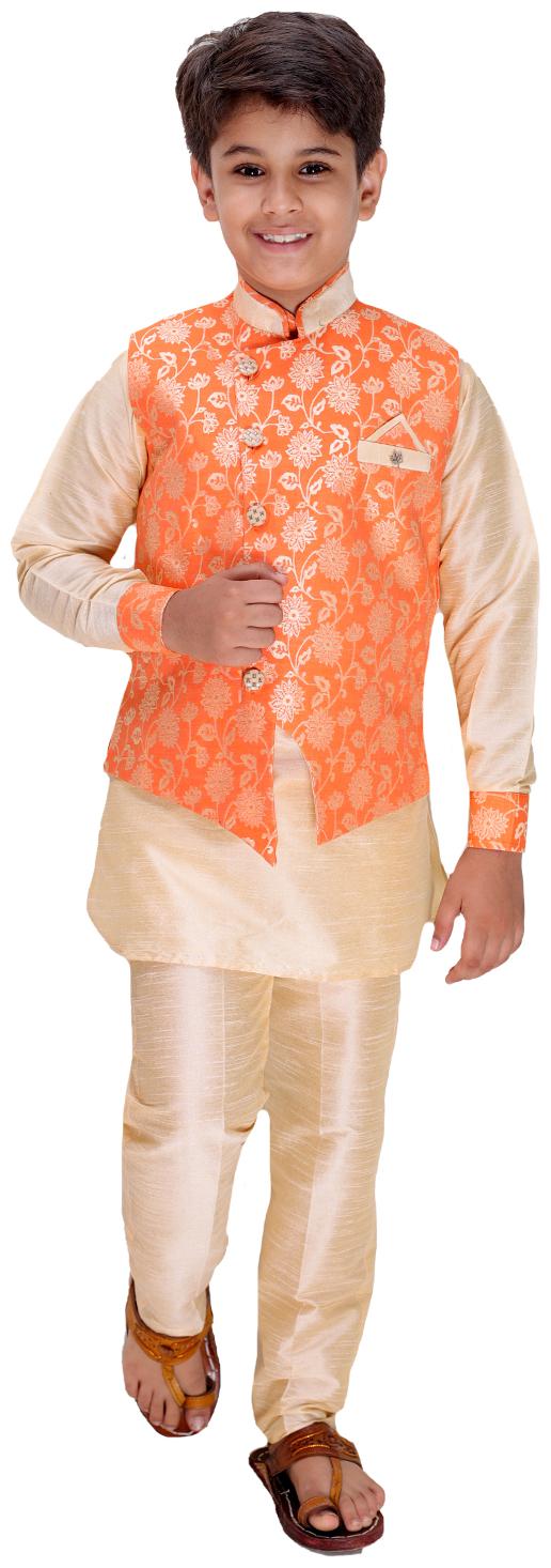 

FOURFOLDS Boy Cotton blend Self design Kurta pyjama set - Orange Beige