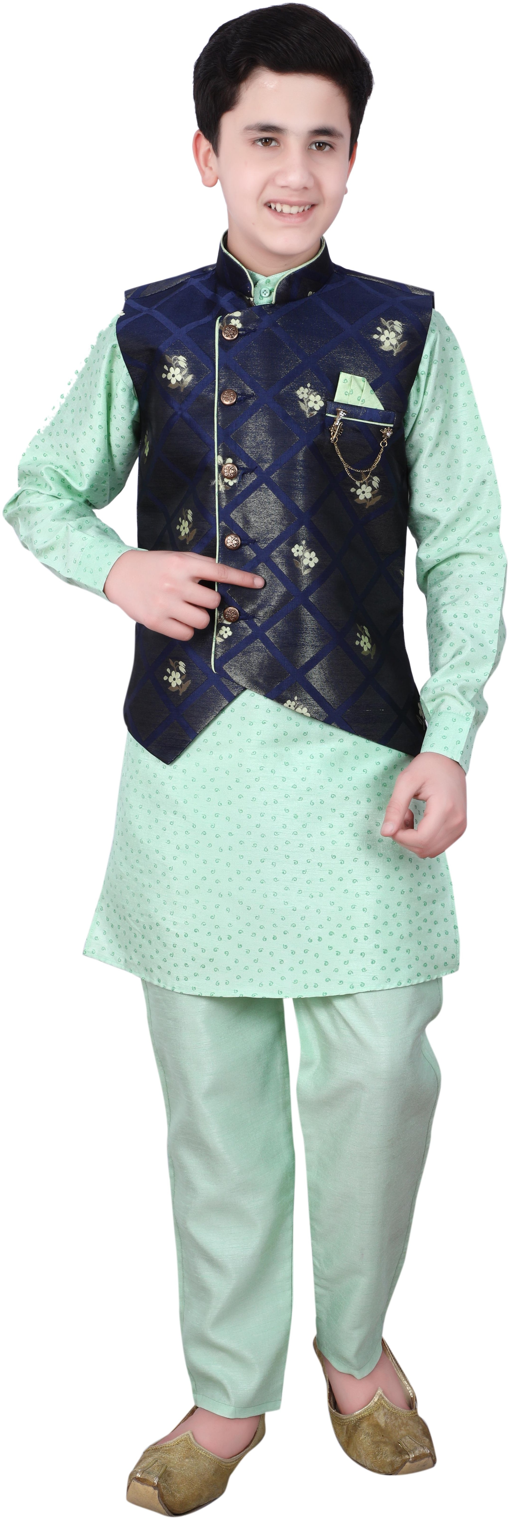 

FOURFOLDS Boy Cotton blend Printed Kurta pyjama set - Green Blue