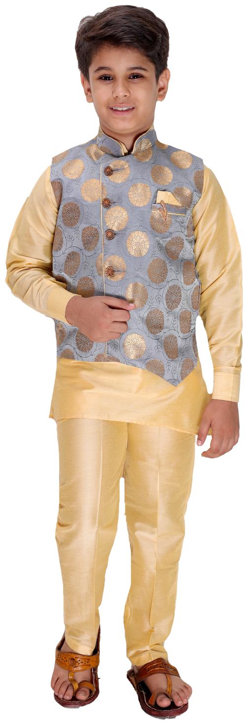 

FOURFOLDS Boy Cotton blend Self design Kurta pyjama set - Grey Beige