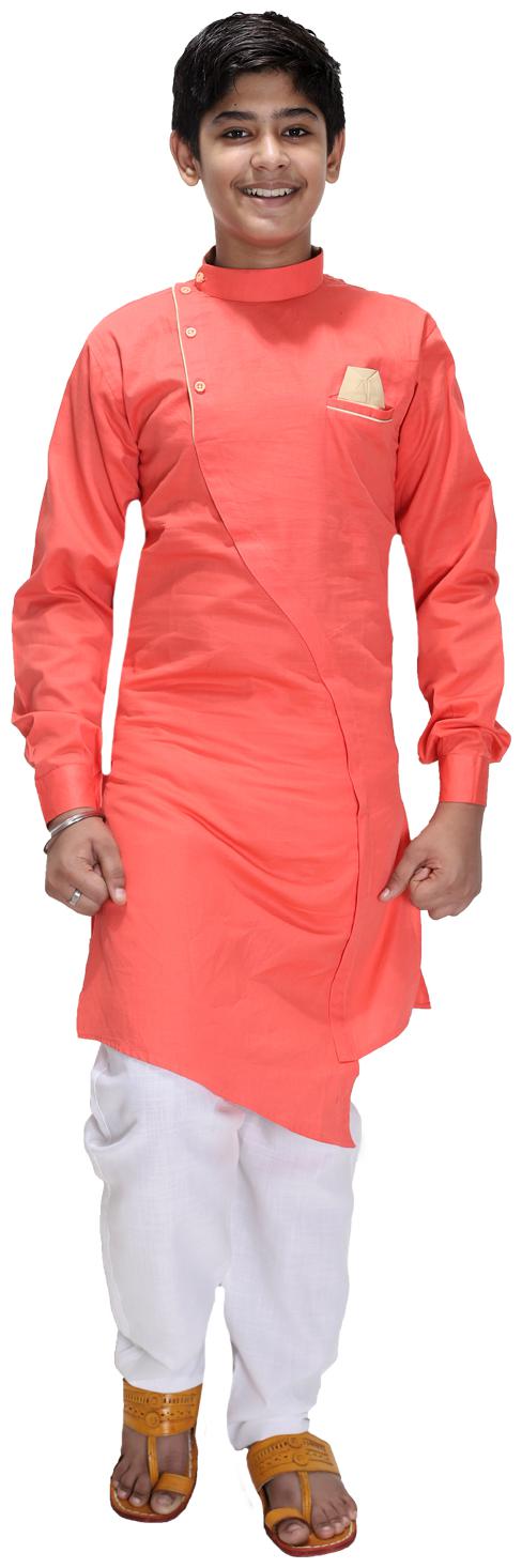 

FOURFOLDS Boy Cotton blend Solid Kurta pyjama set - Orange White